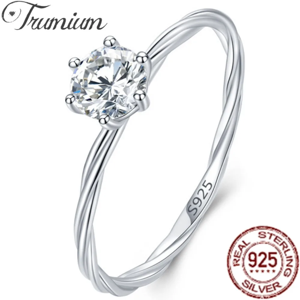 

Trumium Real 925 Sterling Silver Classic Simple Clear Zirconia Round Finger rings for women Fine Wedding Jewelry Twisted ring