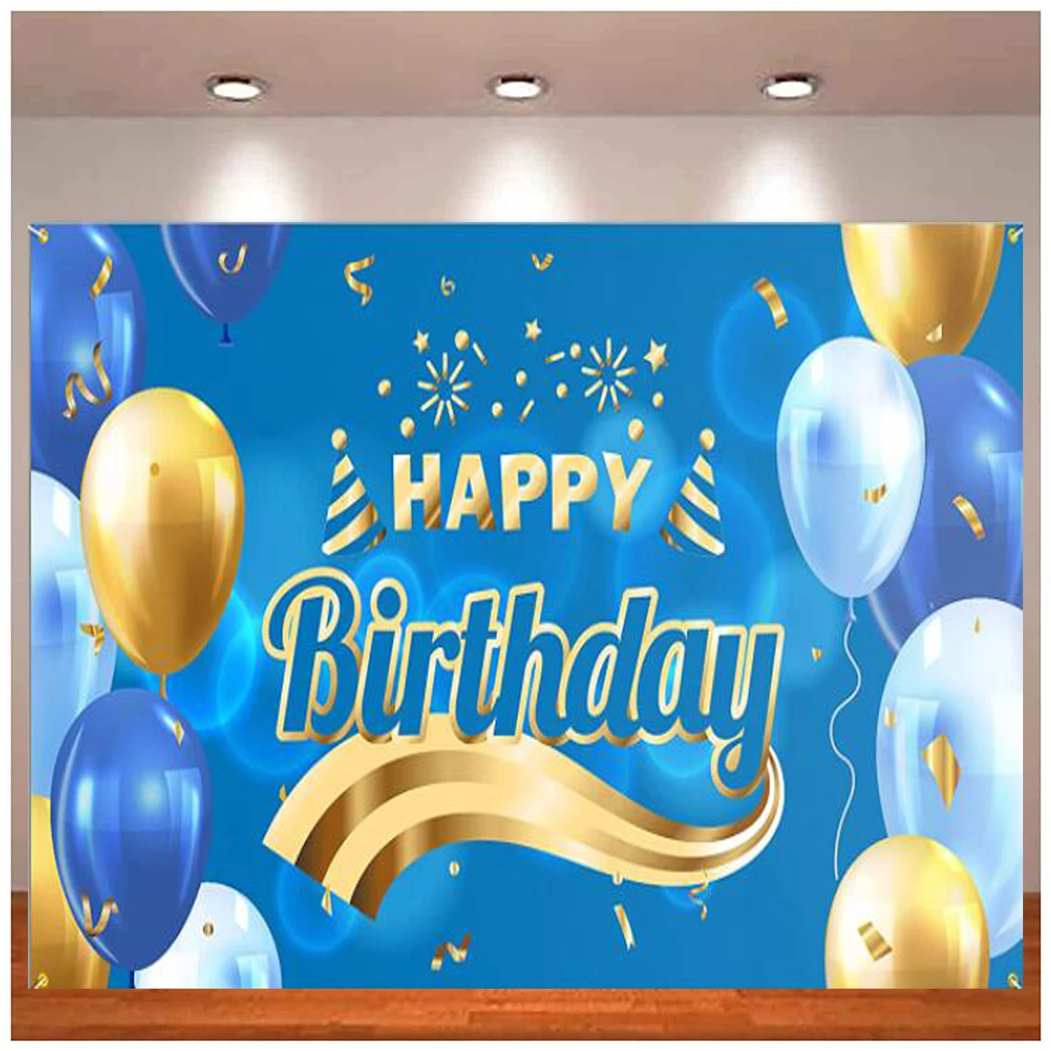 

Photography Backdrop Blue Gold Balloon Fireworks Happy Birthday Party Background Banner Decor For Men Women Supplies