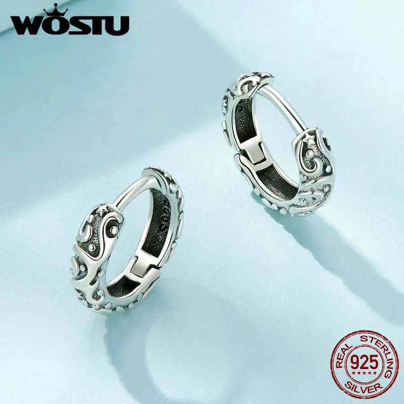 WOSTU 925 Sterling Silver Vintage Pattern Earrings Oxidized Ear Hoop Original for Women Daily Party Jewelry Wear Birthday Gift