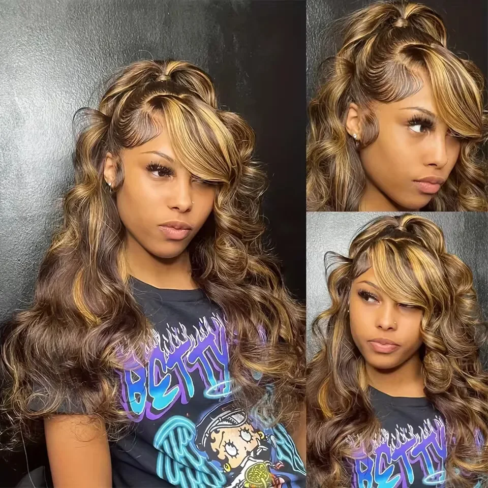 Highlight Human Hair Wigs 36 Inches Long-length 200% High Density 13x6 13x4 HD Transparent Lace Frontal Wig Body Wave Piano Color P4/27 Pre Plucked Brazilian Hair For Women
