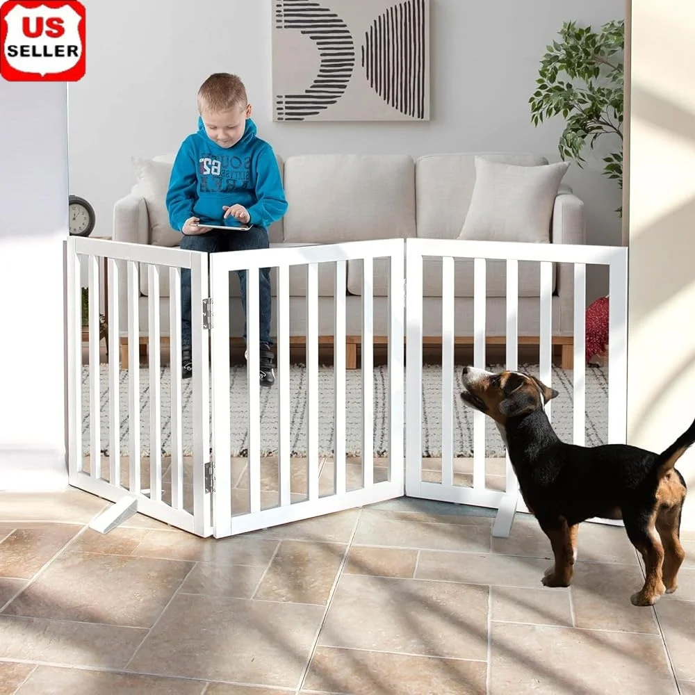

Indoor Freestanding Dog Gate Foldable Wooden Pet Fence Expandable Doorways Hallways Stairs Puppy Safety 3 Panel 24Inches High