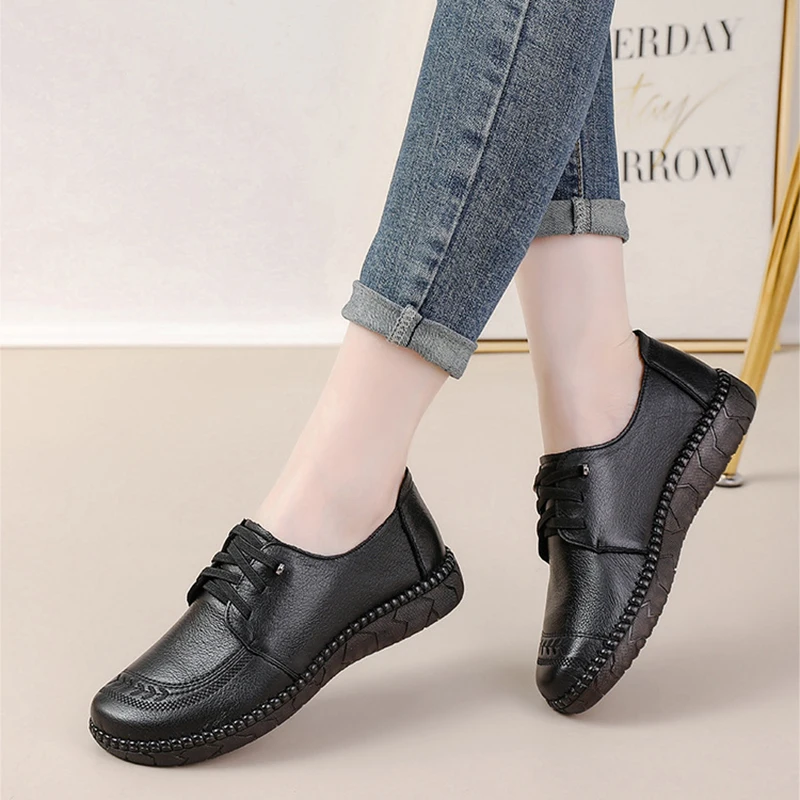 New Cowhide Retro Ethnic Style Women Shoes Comfortable Tendon Soft-Soled Mother Shoes Genuine Leather Thick-Soled Leather Shoes