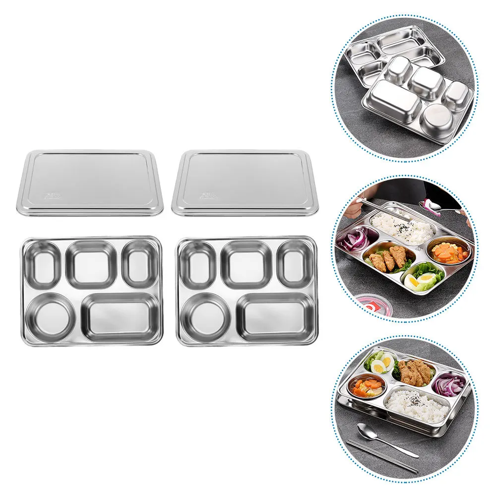 

2 set Stainless Steel Divided Plate Five Grids Food Storage Bento Box For Kids Tableware Home Party Gift Set Kitchen