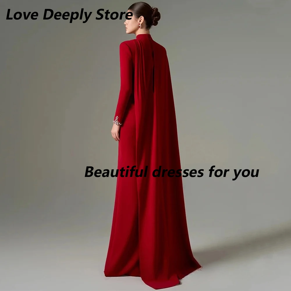 Saudi Arabic Formal Evening Dress with Cape Customized High Neck Long Sleeves Beading Stones Floor Length Mermaid  Prom Gown