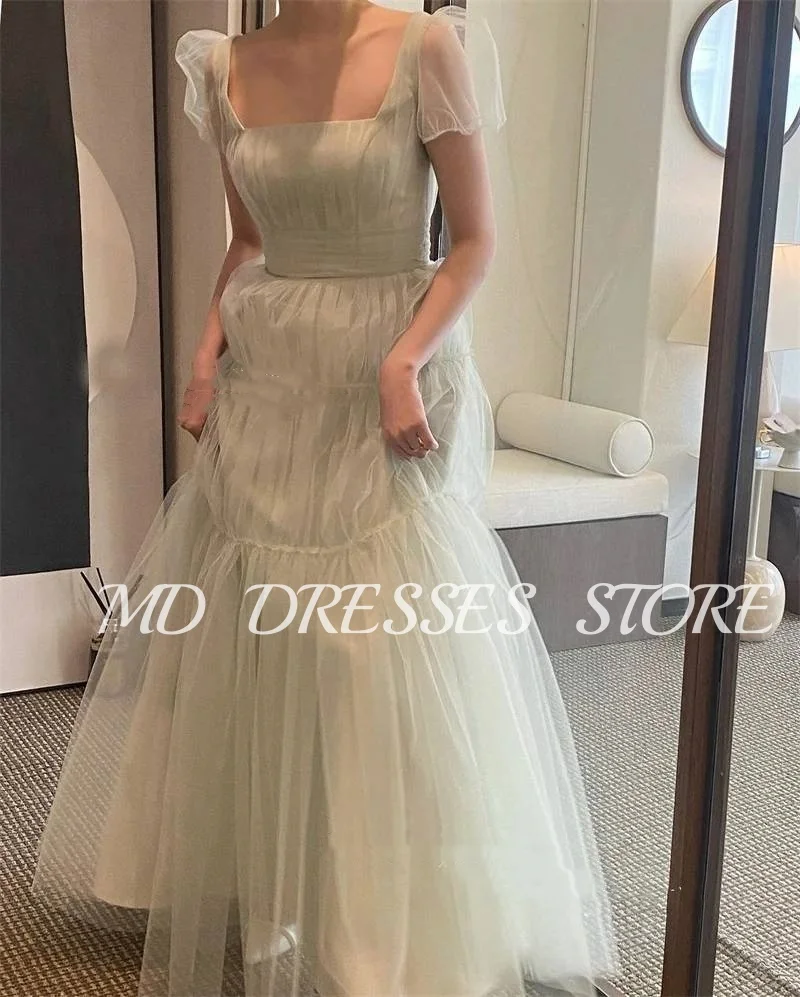 MD A-line Fairy Mint Green Wedding Dresses Puff Short Sleeves Bride Gowns Korea Tiered Photoshoot Square Neck Customized 2025