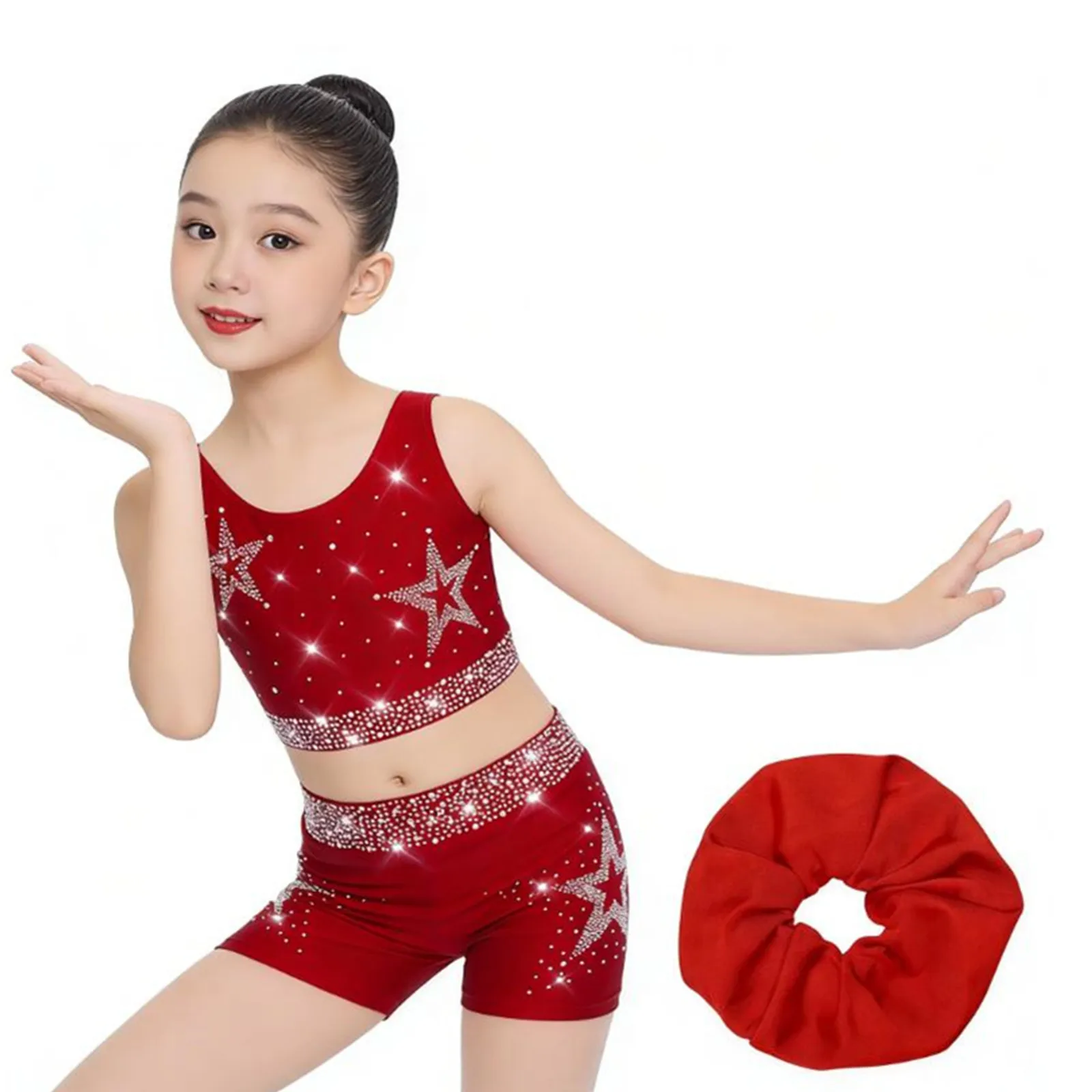 

Kids Girls Shiny Rhinestones Gymnastics Figure Skating Ballet Dance Outfit U Neck Crisscross Back Cropped Vest with Shorts