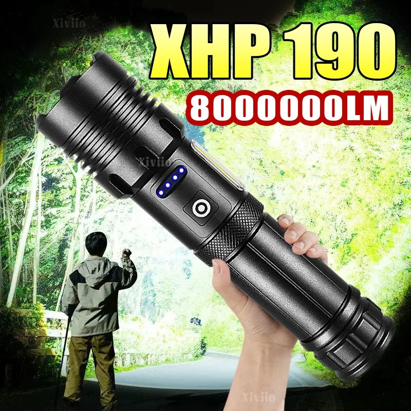 

XHP190 Rechargeable Led Flashlight Built-in Battery Powerful Tactical Torch with COB lamp Camping Fishing Emergency Zoom Lantern