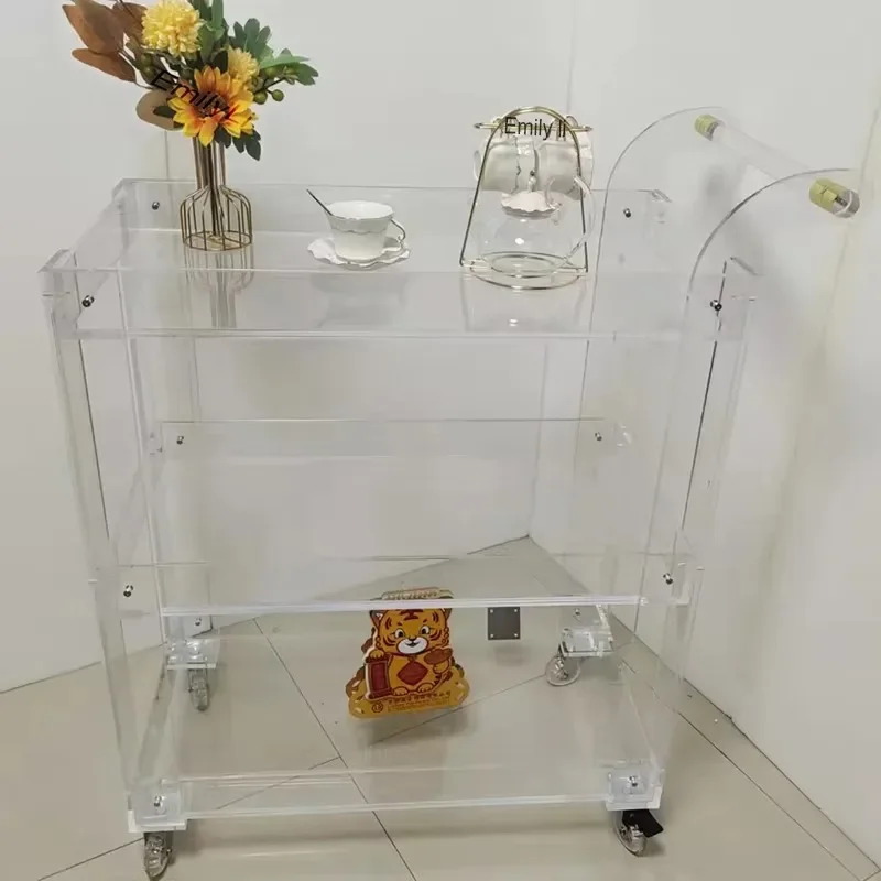 2024 Luxury High Quality Beautiful Clear Acrylic Wine Trolley Bar Cart Hotel  With Mirror Wheel