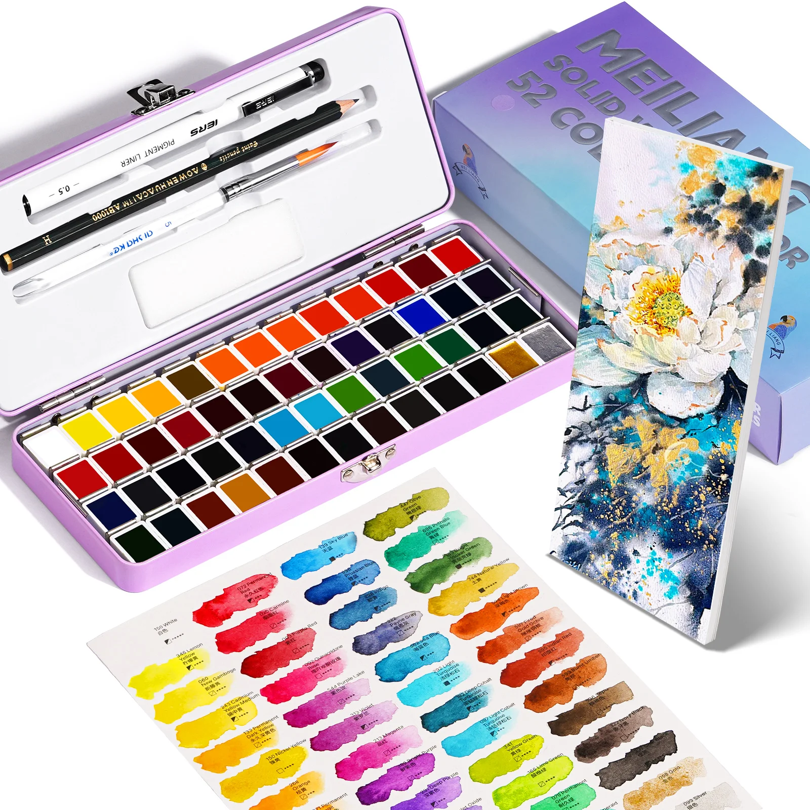 MEILIANG 52 Colors Solid Watercolor Paint Set Professional Travel Watercolor Pigment Art Supplies Suitable for Artist Students