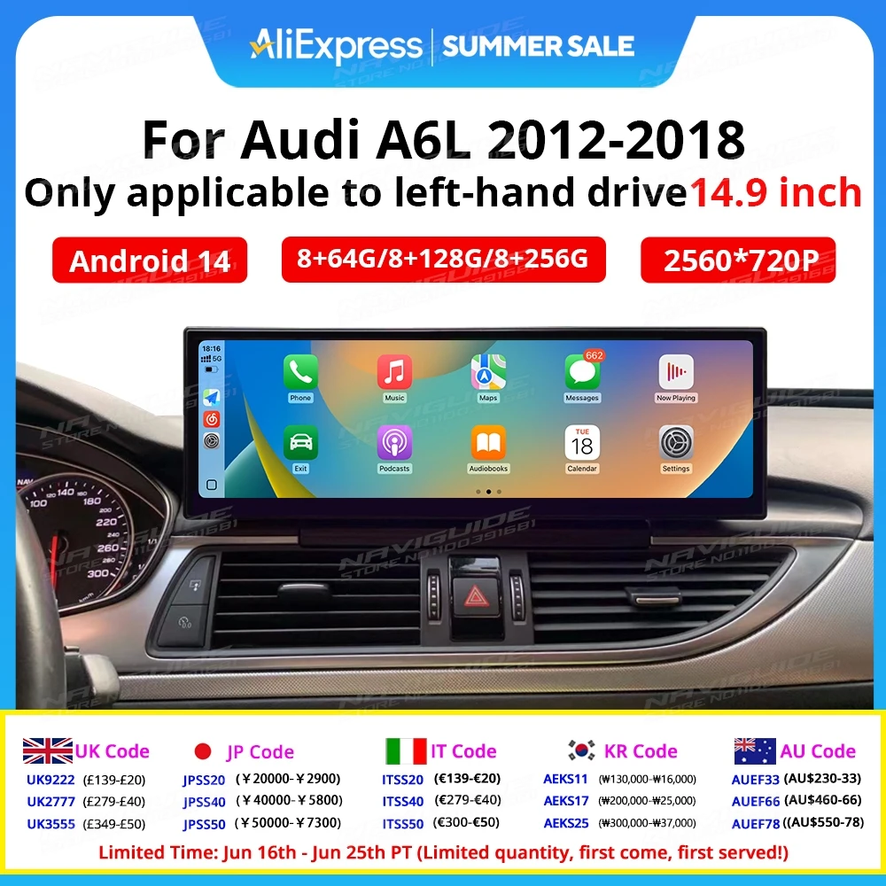 

14.9" Android14 Car Radio For Audi A6L 2012-2018 Car Multimedia Player Wireless Carplay Android Auto Smart car system Navigation