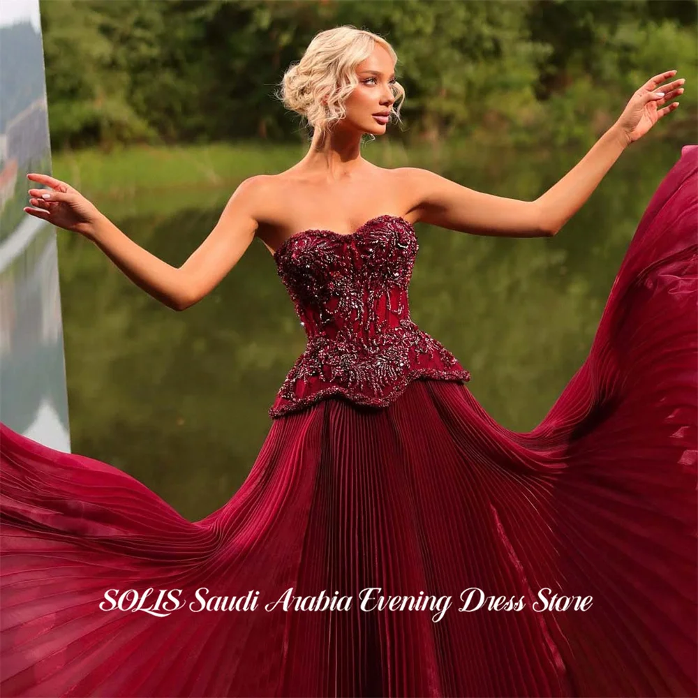 SOLIS Burgundy Formal Gown Strapless Organza Prom Dress A Line Sleeveles Evening Dress Beading On Chest Modern Style Customized