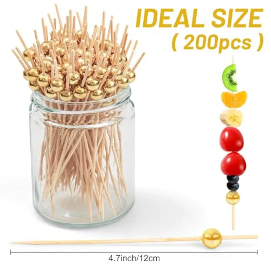 200 Stück Cocktail-Picks, 4,7 Ih, Zahnstocher für Vorspeisen, Einweg-Bambus-Cocktail-Stick für Getränke, Obst, Desserts, Party, Fay zu