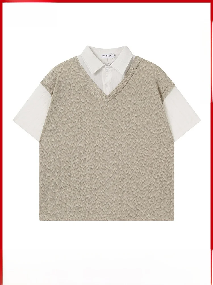 GPstudio Japanese Artistic Style Knitted Vest Shirt Men's Summer Versatile Design Sense Layered Top Loose Fit Fake Two-Piece