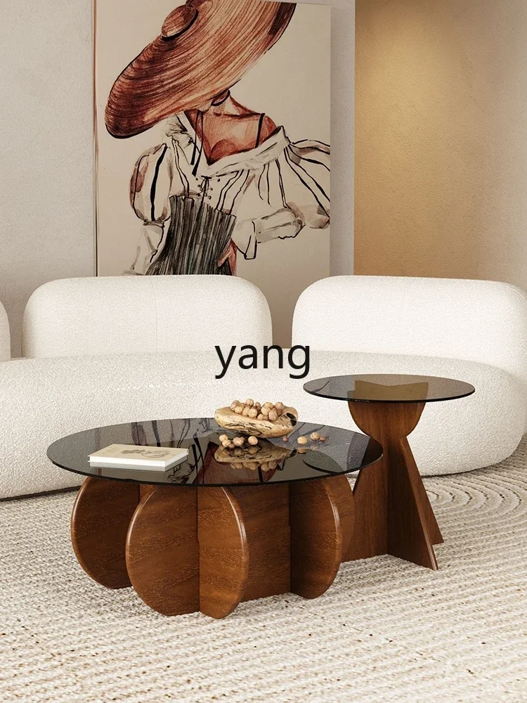 LMM  Simple Sofa Edge Silent Coffee Table Small Table Home Living Room Tempered Glass Solid Wood Small round Table