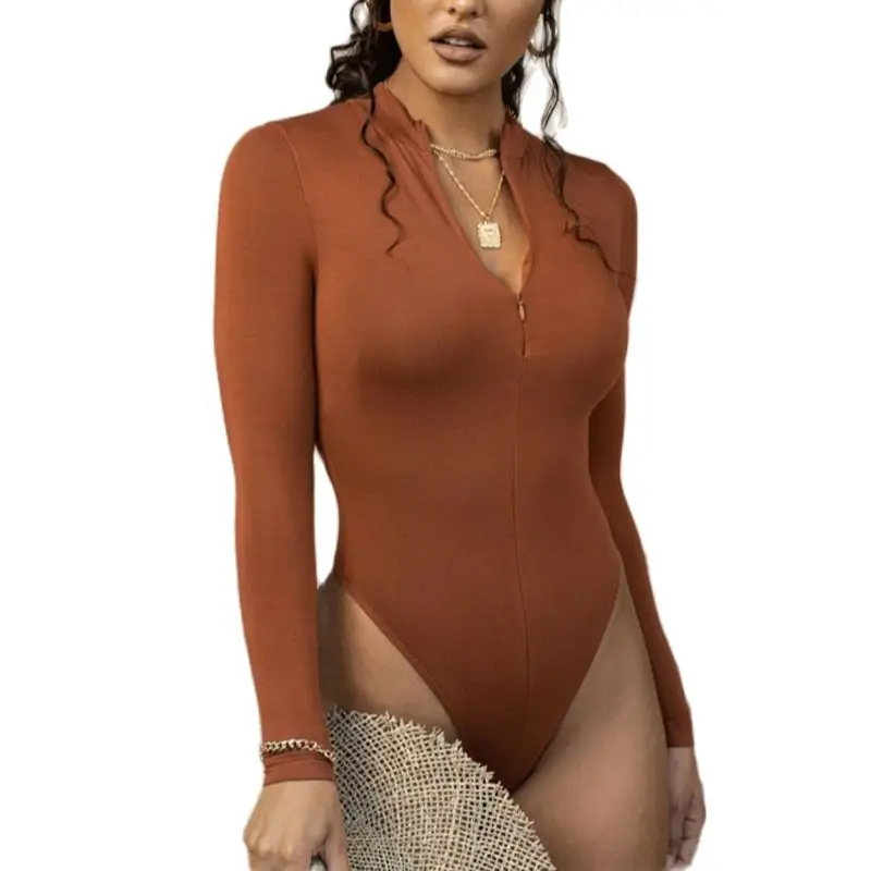 Dropshipping Brown Zipper Bodysuit Long Sleeve Women Body Streetwear Sexy Bodycon Stand Collar Sheath Crotch Basic Overalls Top