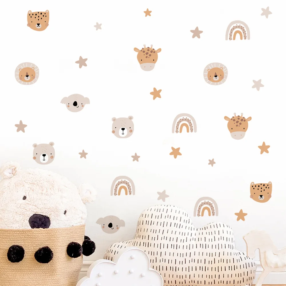 Calcomanías de pared bohemias de dibujos animados de oso arcoíris, animales, estrellas, guardería, regalos artísticos, habitación de niños, pegatina de pared del dormitorio para niñas, decoración del hogar