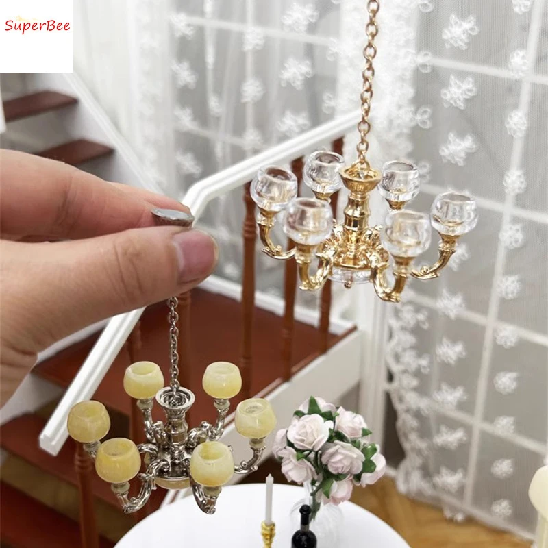 Dollhouse Miniature Furniture Items Mini Vintage European Magnetic Head Chandelier Lamp Ob11/Bjd Scene Decoration Accessories