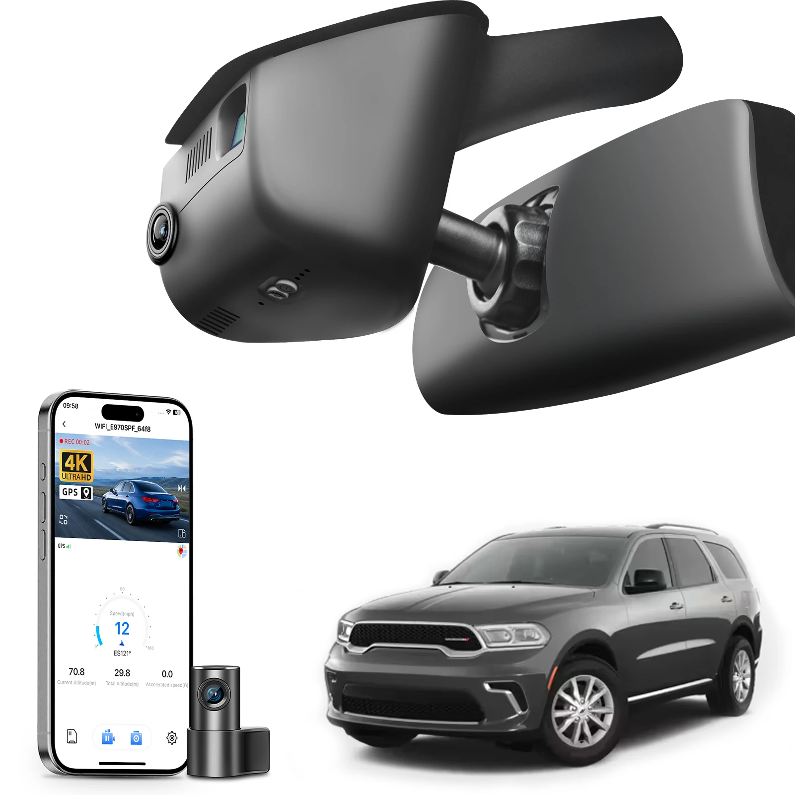 Cámara para Auto Mangoal Dash Cam 4K para Dodge Durango 2016-2026, GPS, WiFi y Aplicación, Sensor IMX 335 STARVIS, Plug and Play