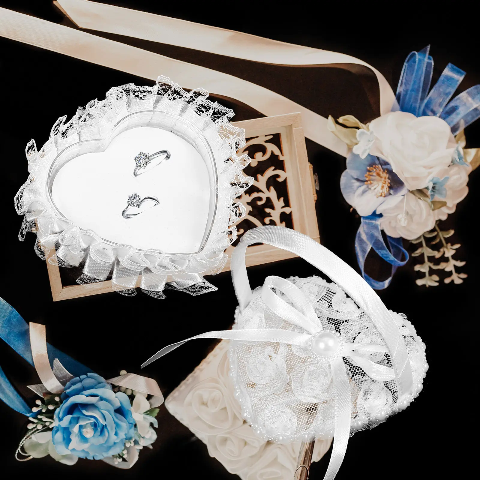 

Миниатюрная атласная подушечка для обручальных колец в форме сердца с ручкой для церемоний, помолвок и свадебного декора