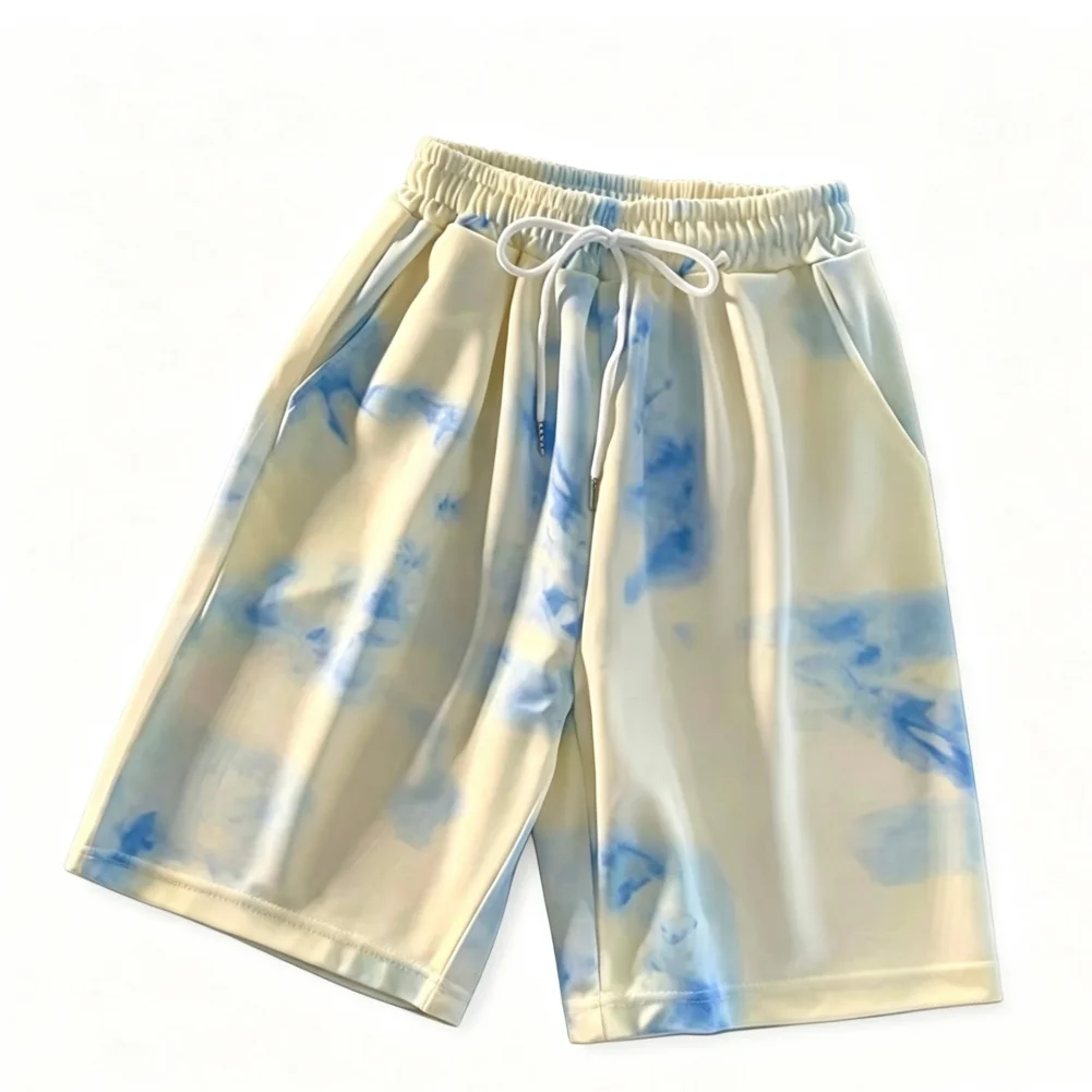 Tie Dye Print Men's Loose Shorts Elastic Waist Drawstring Five Point Design Summer Beach Sportswear Size M up to 3XL