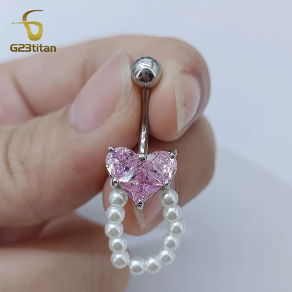 G23Titan rosa zircone cuore pancia anello appeso perla donne Sexy gioielli ombelico chirurgico titanio bilanciere Nombril Ombligo Piercing