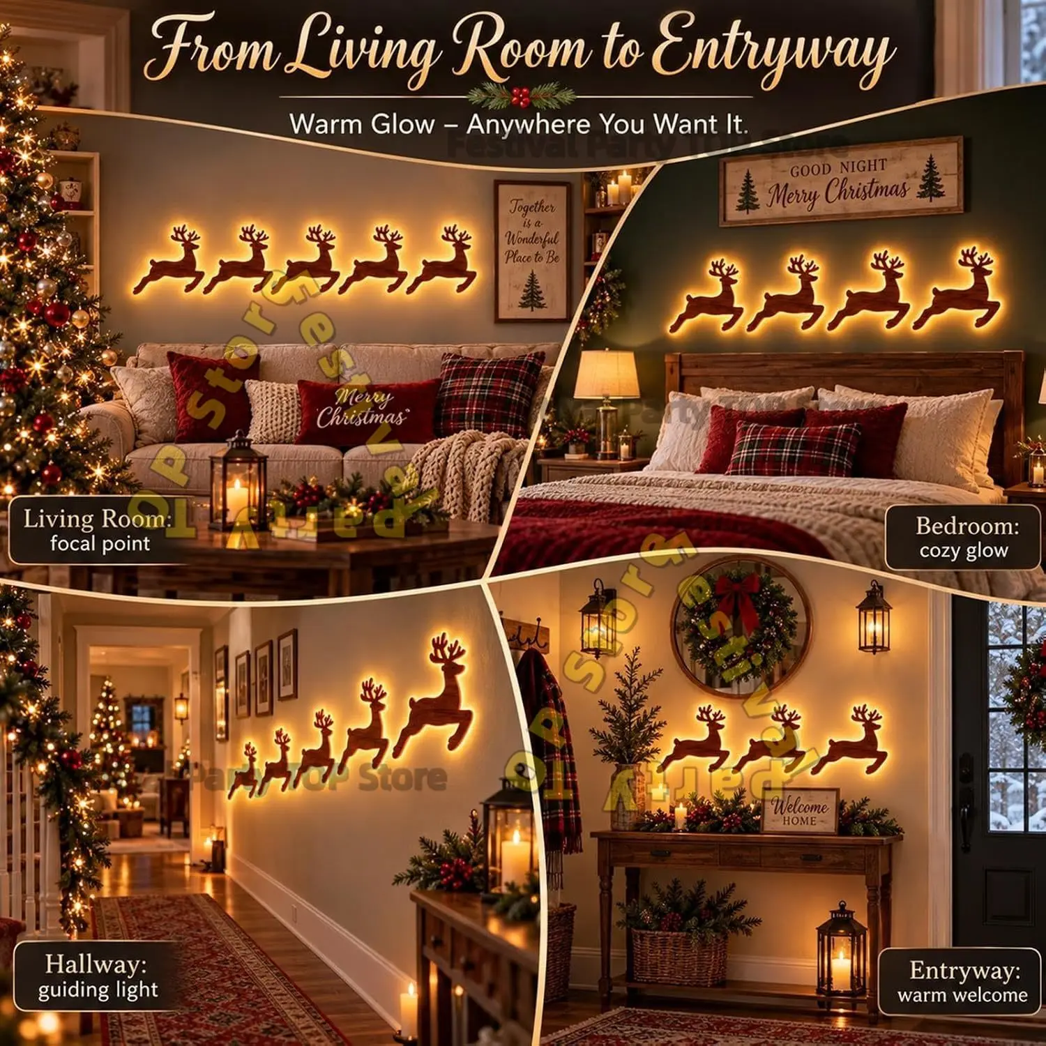 Reindeer Glow Christmas Decor LED Light up Glowing Reindeer Wall Stickers Outdoor Festive Lighting Holiday 3D Wood Decor Gift view 5
