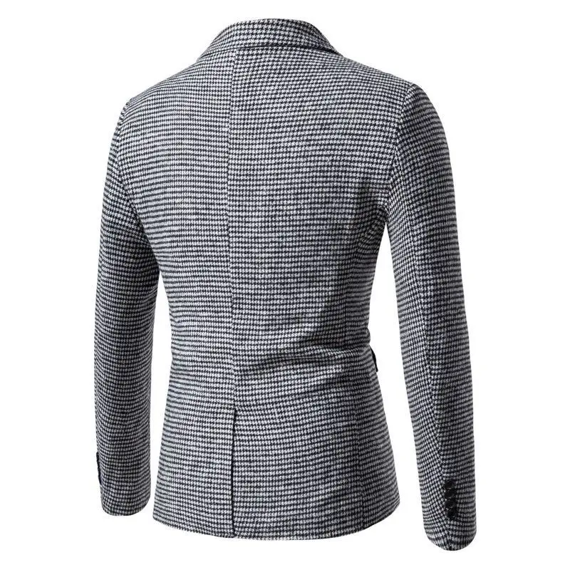 Houndstooth Plaid Blazer for Men One Piece Suit Jacket with Back Slit Slim Fit Casual Male Coat Fashion Clothes 2024