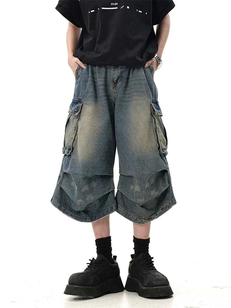 

Американский Sle Винтаж Выцветшая рабочая одежда Джинсовые орты Мужские модные плиссированные джинсы с широкими штанинами на семь футов