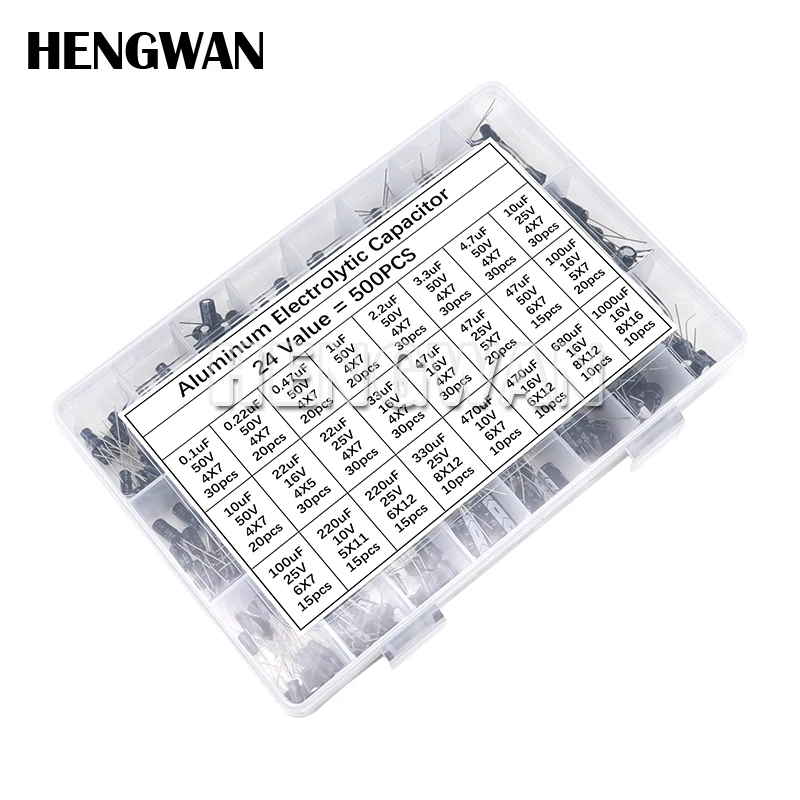 500Pcs/lot 0.1UF-1000UF 24Values 16V-50V Mix Aluminum Electrolytic Capacitor Assorted Kit And Storage Box