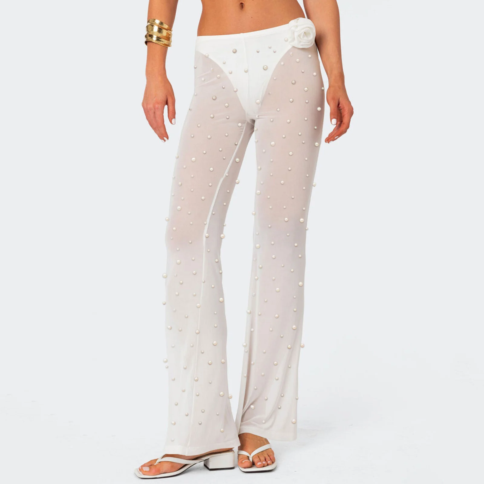 

hirigin Women Floral Lace Bell Pants Sexy See Through Flare Leg Bottom Y2k High Waist Sheer Mesh Cover Up Trousers