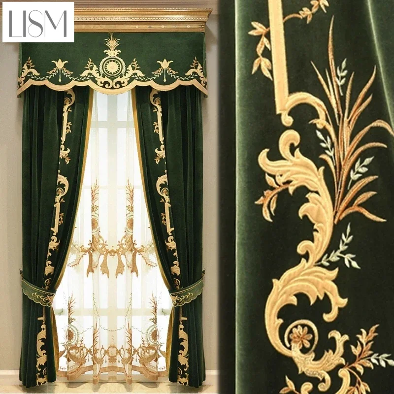 European Luxury Curtains for Living Dining Rooms Bedroom Home Textile Fabrics French Green Velvet Embroidered Curtains for Villa