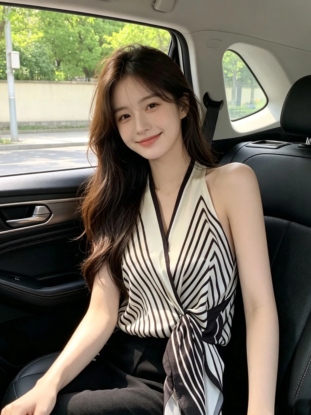 Elegant Printed Hanging Neck Vest Women's Summer Design Belt Pure Desire Shirt V-Neck Loose Fit Cotton Casual Stripe Pattern