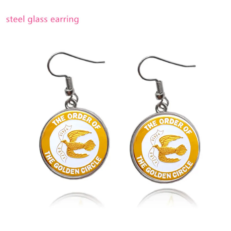 1Pair Steel The Order Of The Golden Circle Glass Charm Dangle Earring 18/20mm Masonic Dove Peace DIY Jewelry Dropship OGE075