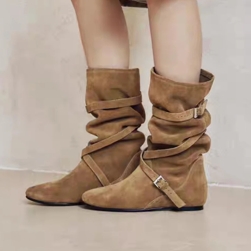 

Women Flats High Boots Suede New Casual Sport Shoes Mid Calf Pleated Chelsea Fashion Boots Trend Woman Sneakers Walking Botas