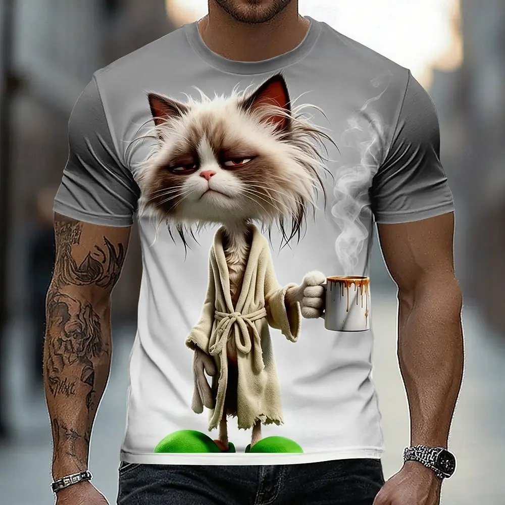 Funny Cat Drinking Coffee Print Men's T-Shirt 3D Short Sleeve T shirt Exaggerated Party Tops Casual Street Style Summer Clothing