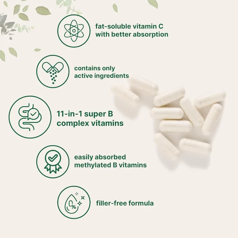 مجمع B النقي الميثيل للذكور والإناث -60 كبسولة عالية الامتصاص من فيتامين ب12، ثيامين، فولات + إنسينيتول، كولين، إلخ