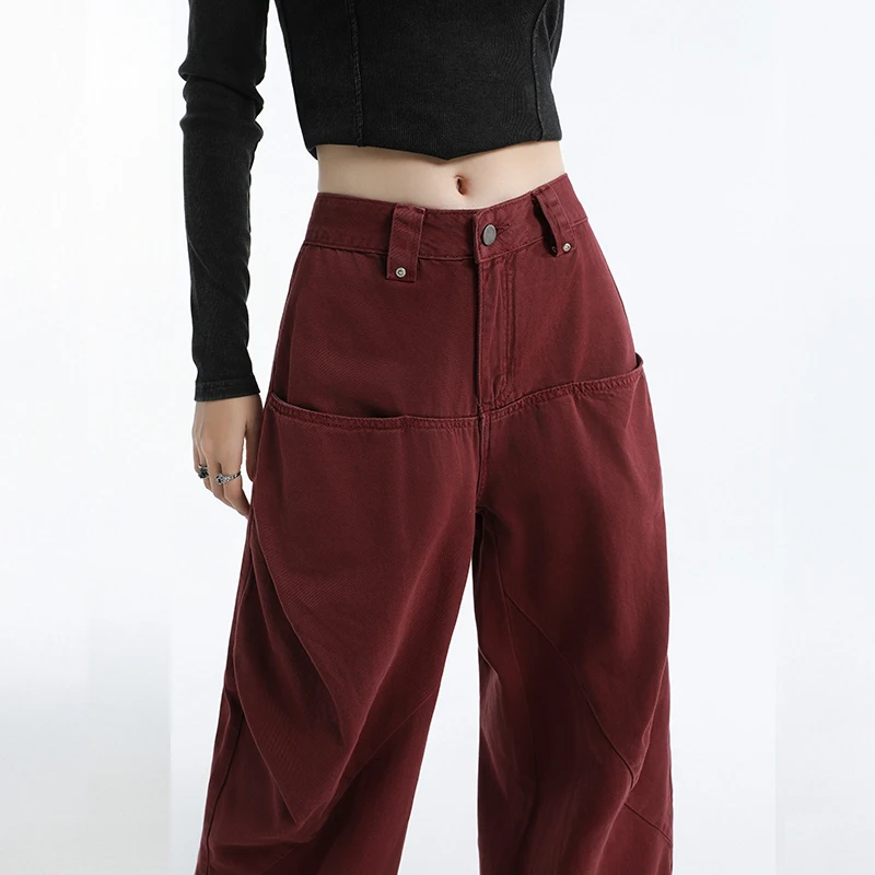 KSTUN กางเกงยีนส์สตรีกางเกงขากว้างสีแดงหญิง Baggy กางเกงหลวมสูงเอว Casual แฟชั่น 2025 ใหม่แนวโน้มลากกางเกงกางเกง