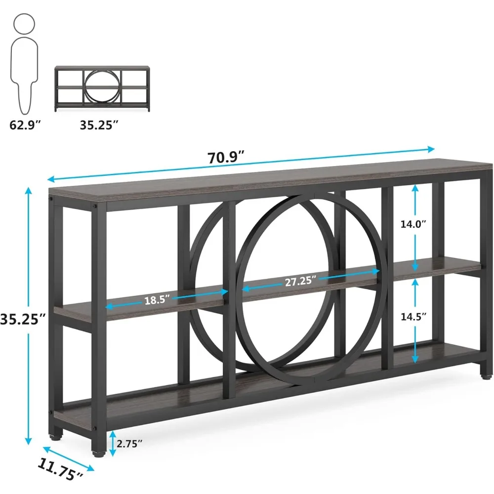 70.9 inch Sofa Console Table, Extra Long Narrow Entryway Tables with 3 Tier Wood Storage Shelves Metal Frame