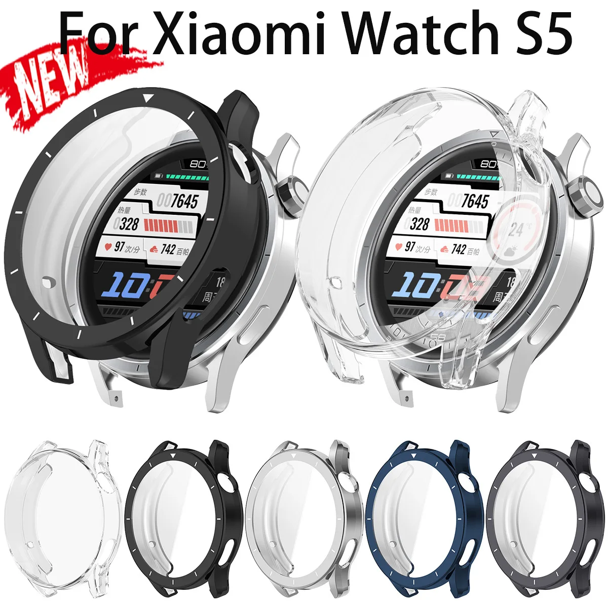 Vollständige Schutzhülle für Xiaomi Watch S5, Abdeckung + gehärtetes Glas mit Zeitskala, kratzfester Stoßfänger für Xiaomi Band S5, Schalenschutz