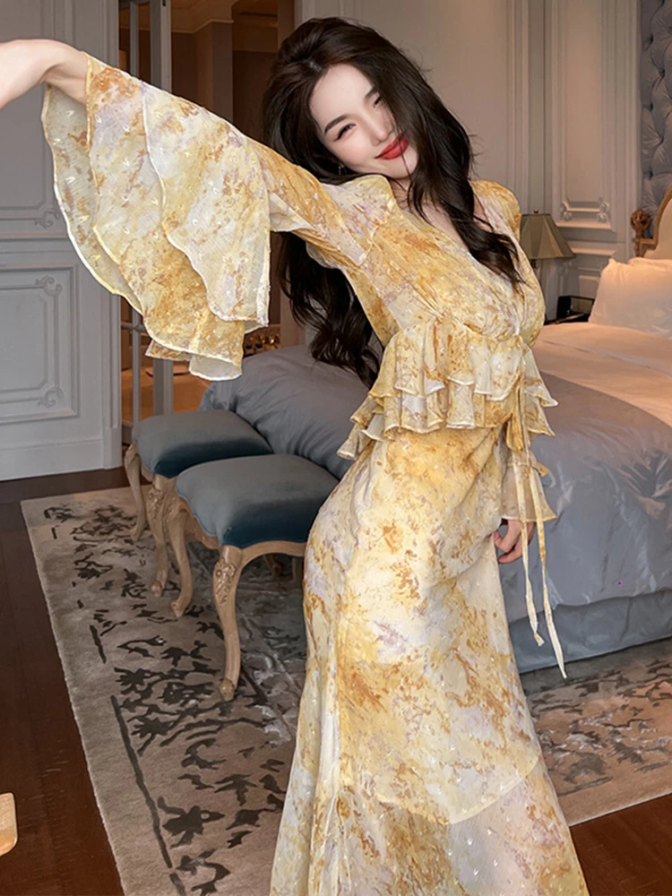 Celebrity Sweet 2-Pice Dress Set Women Yellow Chiffon Ruffles Bandage Jacket Tops Strap Maxi Robe Holiday Vacation Boho Outfits