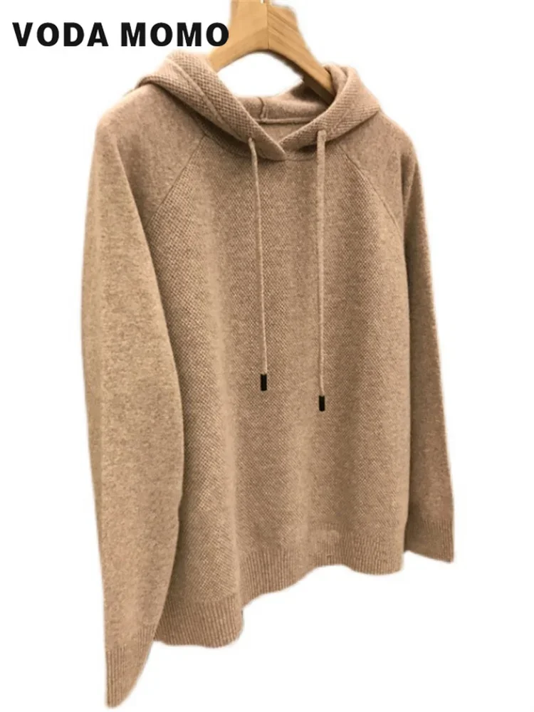 2023 Autumn Winter Casual Hoodies Women Waffle Hooded Women's Sweatshirt Long Sleeve Soft Knitted Drawstring Female Sweaters