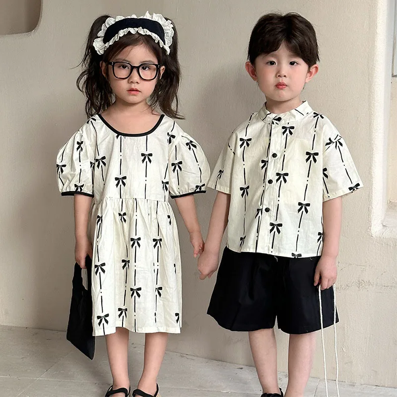 MILANCEL New Spring Kids Clothes Set 1-9T Girls Cute Bow Short Sleeved Dress Children Outwear Boys 2PCS Outfits