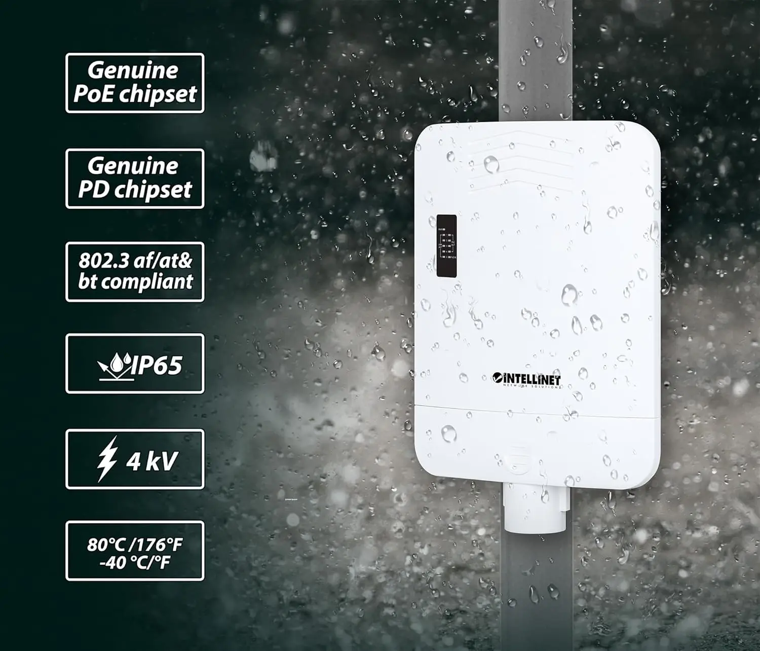 สวิตช์กิกะบิต 5 พอร์ตทนฝนและแดดกลางแจ้งพร้อม Poe Passthrough – งบประมาณพลังงาน Poe 85W, 30W ต่อพอร์ต, กันฝุ่นและน้ํา IP65, P