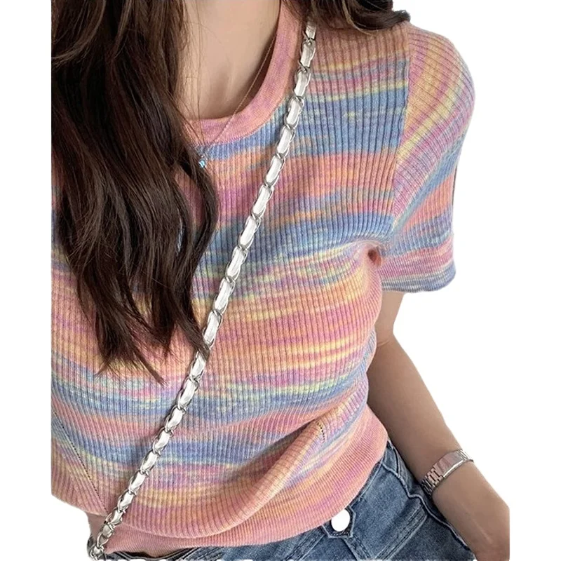 Fashionable Korean Style Rainbow Stripes Short Sleeve Knitted T-Shirt Women's Slim Fit Short Length Polo Neck Summer New Arrival