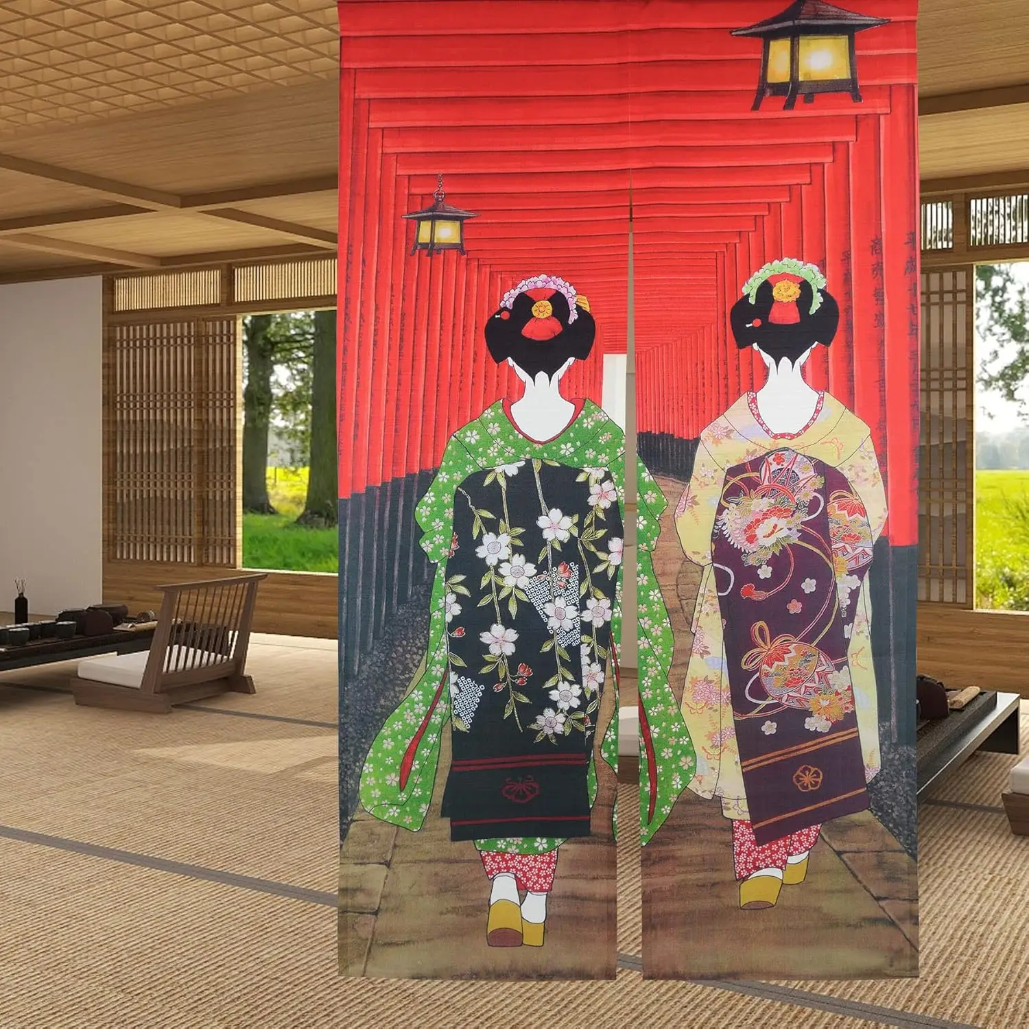 Japanese Style Doorway Curtain Kyoto Geisha Girls at Fushimi Inari Shrine Long Type Door Tapestry for Home Decoration