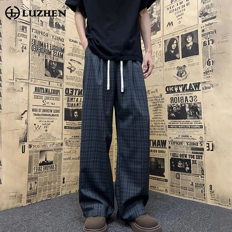 

LUZHEN Plaid Drawstring Straight Elastic Printed Waist Casual Design Pants Men 2025 New Handsome Elegant Fashion Trousers JY4003