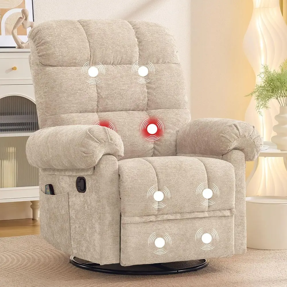 

Swivel Rocker Recliner with Massage, Heat, and Cozy Chenille Fabric for Small Spaces