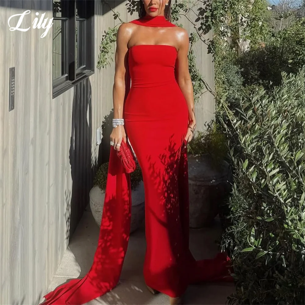 

Lily Red Minimalist Formal Gown Strapless Satin Prom Dresses Mermaid Sleeveless Evening Dress with Scarf Modern Style Customized