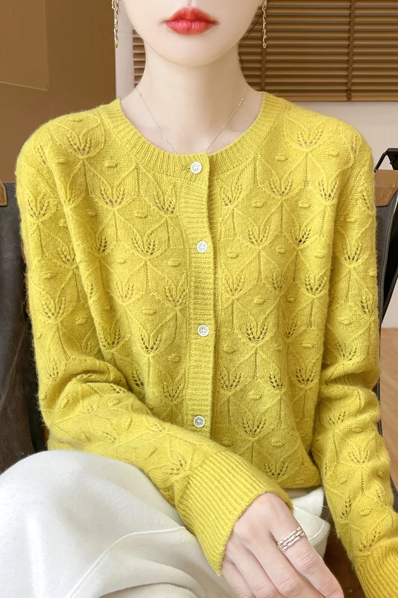 Autumn and winter hook pattern hollow wool knitted cardigan women's coat long sleeve solid color cashmere sweater