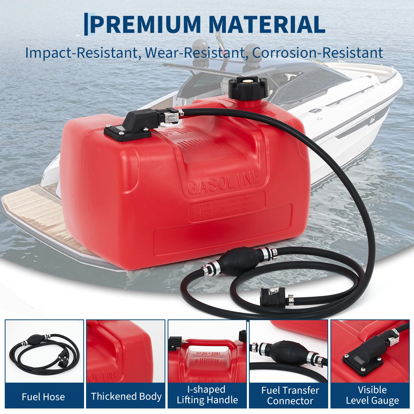 Portable Marine Fuel Transfer Tank For Boats Easy Carry I-Shaped Handle Hose Included Durable Fuel Ideal for Outboard Motors 3 Gallon or 6 Gallon Capacity 24L 12L
